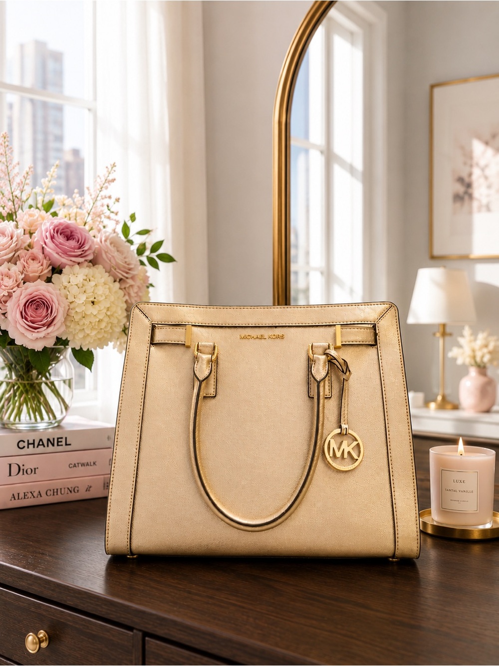 Michael Kors Dillon Large Top-Zip Satchel | Pale Gold Saffiano Leather